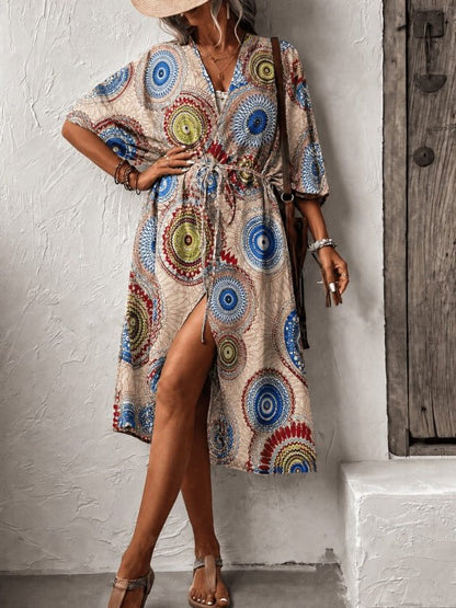 Kadın Kısa Kollu önü Açık Belden Kuşaklı Uzun Kimono