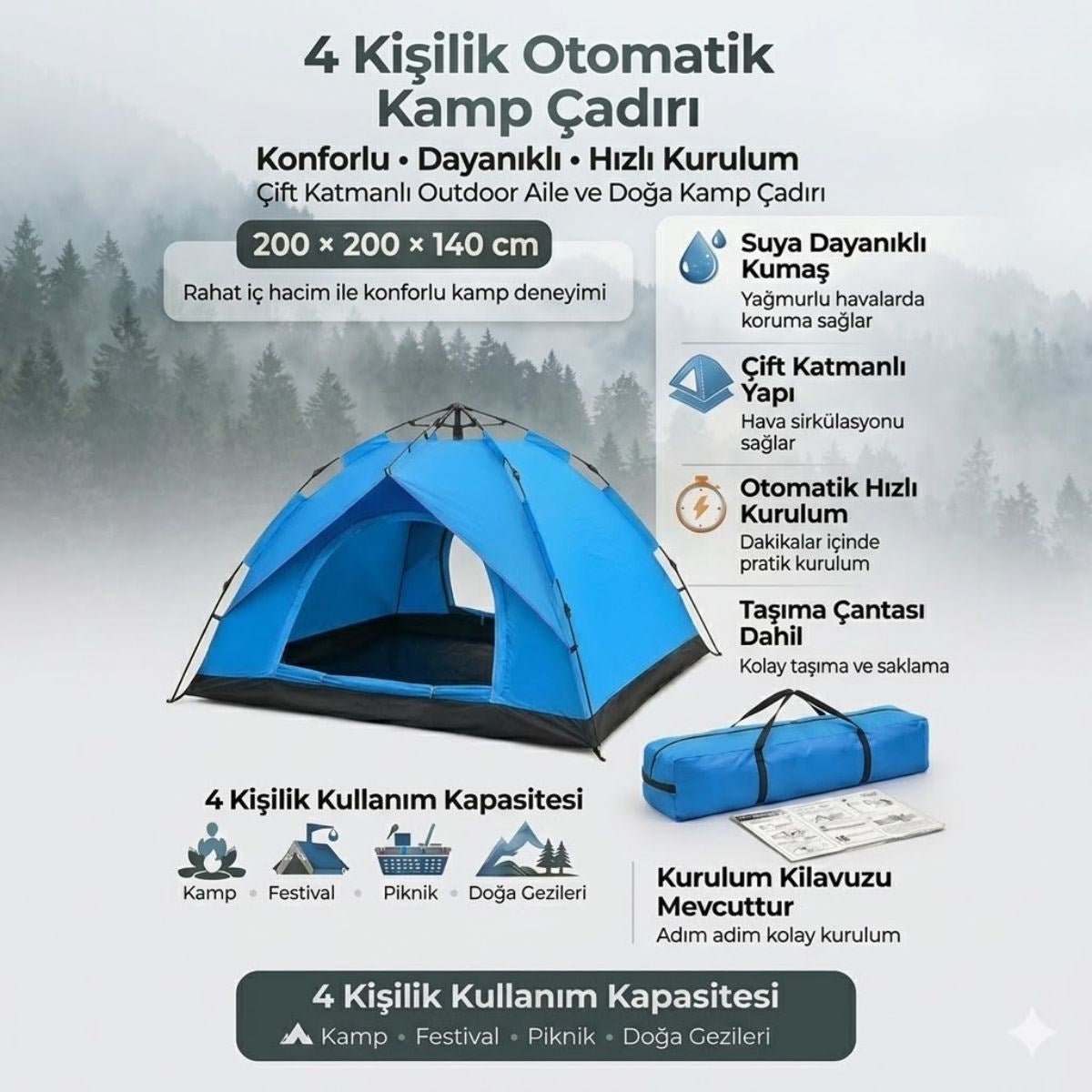 Starixa® 4 Kişilik Otomatik Kamp Çadırı - Çift Katmanlı, Suya Dayanıklı, Hızlı Kurulum Outdoor Aile ve Doğa Çadırı 200x200x140 cm