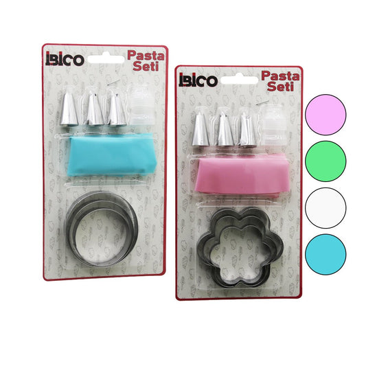 8PCS  PASTA SÜSLEME SETİ - 3-KURABİYE KALIP=YUVARLAK - ÇİÇEK 1-KREMA TORBASI - 3-METAL+1-PLS.UÇ (5347)