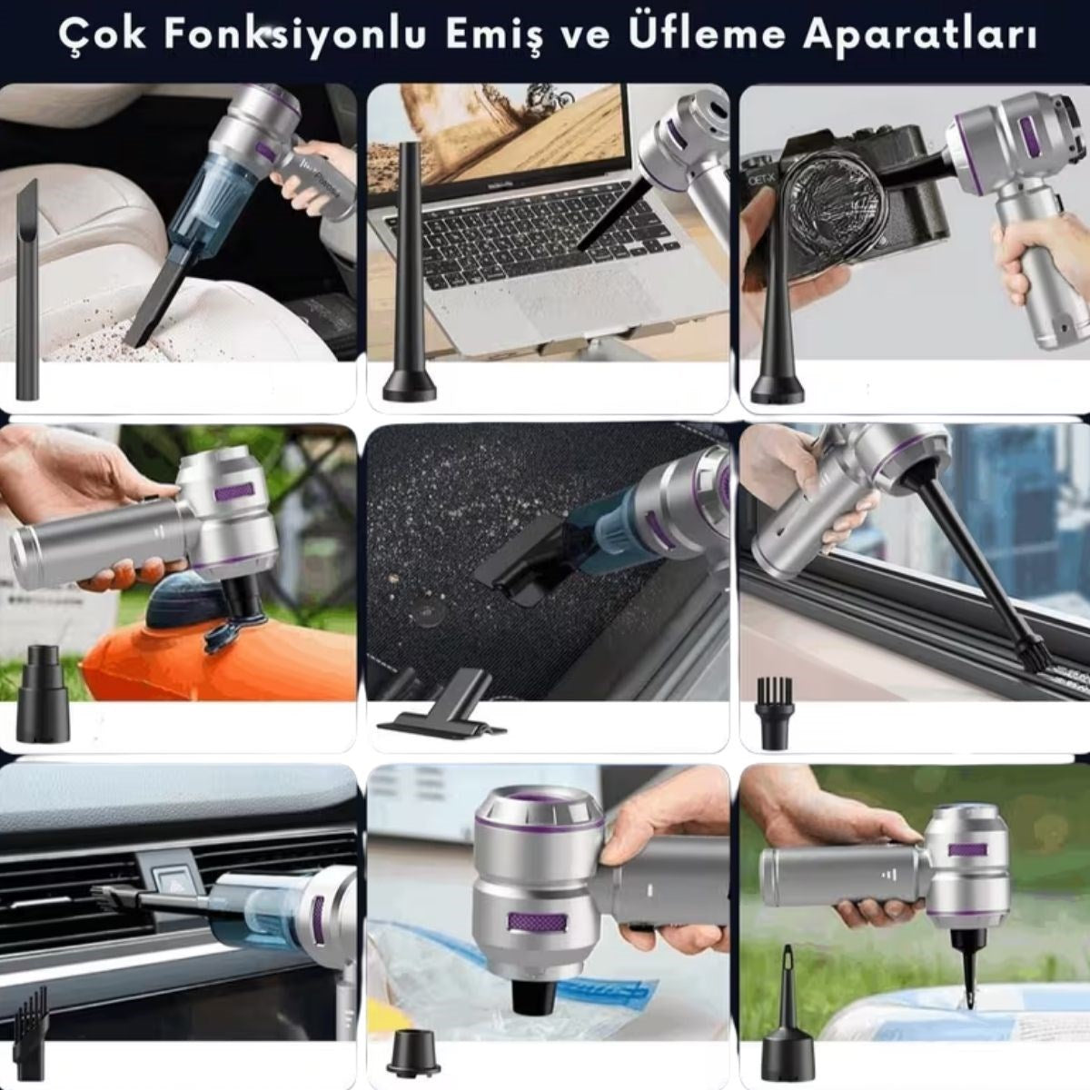 9 Farklı Uçlu Kablosuz Şarjlı Araç İçi Süpürge - Wireless Destekli, Güçlü Emiş, Taşınabilir Pratik Araç Temizleyici (5347)