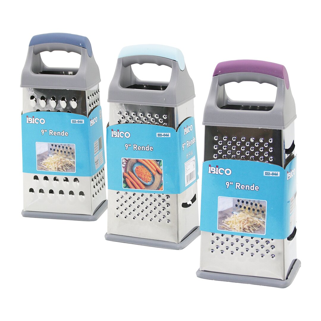 9 INCH 4-SIDED STEEL METAL GRATER WITH COLORED PLASTIC HANDLE AND SILICONE-COATED BASE (5347)