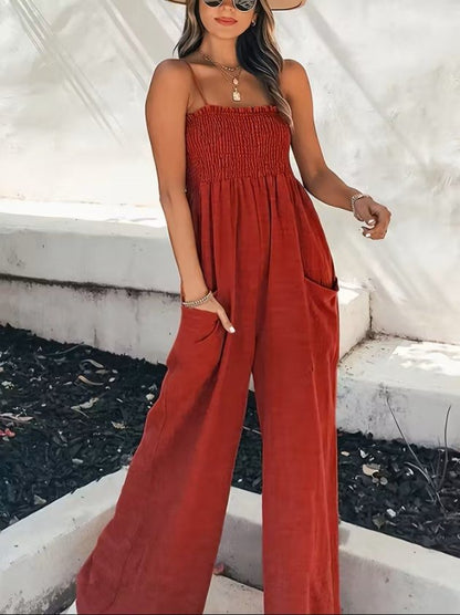 Kadın Ip Askılı Göğsü Lastik Detaylı Cepli Uzun Sofya Tulum