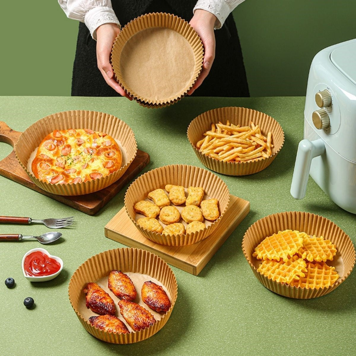 Starixa®100 Adet  Air Fryer Pişirme Kağıdı Tek Kullanımlık  Yağlı Kağıdı Yuvarlak Tabak Model