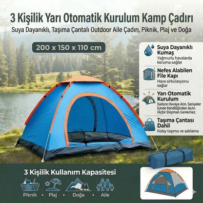 Starixa® 3 Kişilik Yarı Otomatik Kurulum Kamp Çadırı - Suya Dayanıklı, Taşıma Çantalı Outdoor Aile Çadırı, Piknik, Plaj ve Doğa 200x150x110 cm