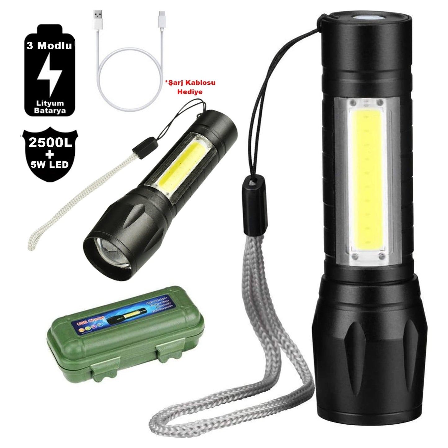 مصباح يدوي مقاوم للماء قابل لإعادة الشحن 2500 لومن + 5 واط COB LED USB ليثيوم قابل لإعادة الشحن فائق القوة Q5 XPE (5347)