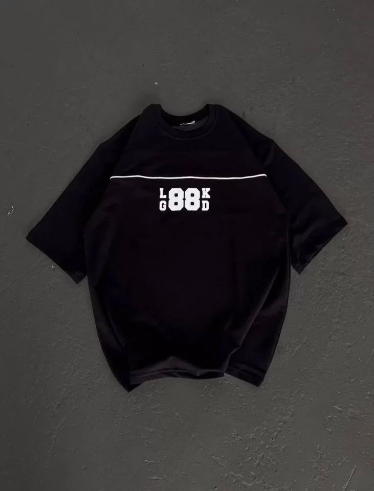 Unisex Bisiklet Yaka Baskılı Oversize T-Shirt - Siyah