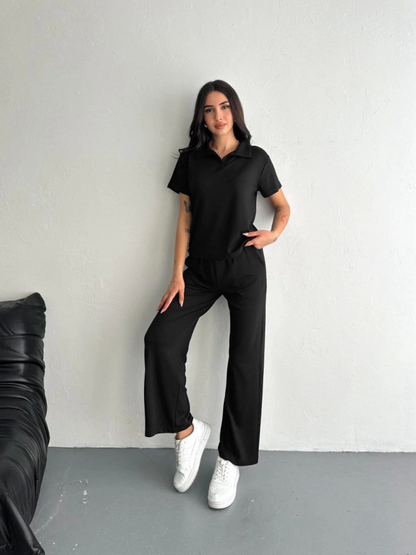 Osy Modal Yumuşak Dokulu Kumaş Kısa Kollu Yakalı T-shirt Pantalon Ikili Takım- Siyah