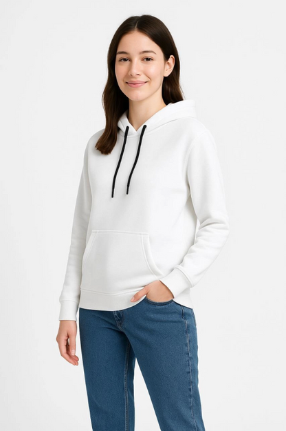 Üç İplik Kapüşonlu Kanguru Çepli SweatShirt Hoodie - Beyaz