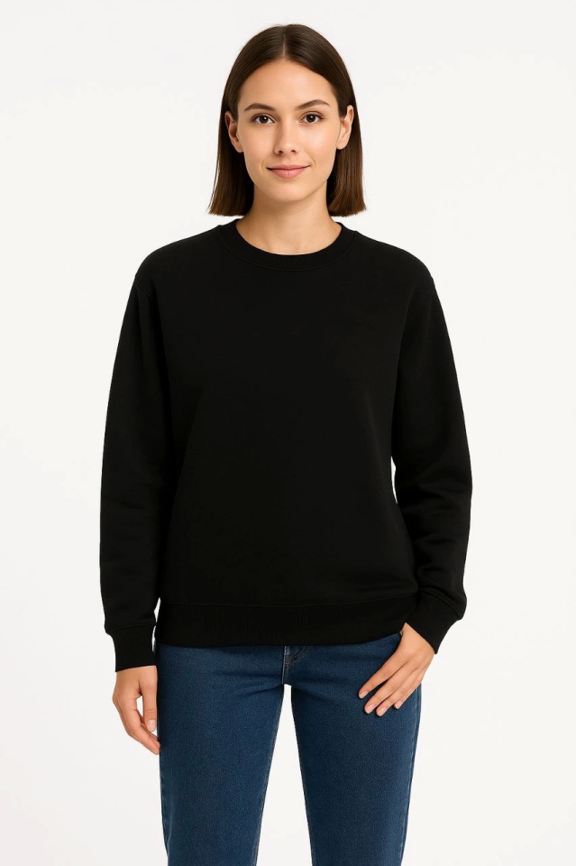 Üç İplik Düz Bisiklet Yaka SweatShirt  - Siyah