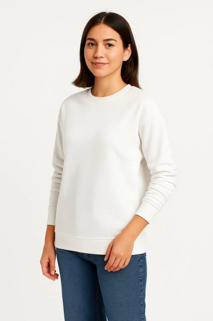 Üç İplik Düz Bisiklet Yaka SweatShirt - Beyaz