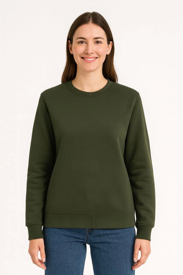 Üç İplik Düz Bisiklet Yaka SweatShirt - Haki
