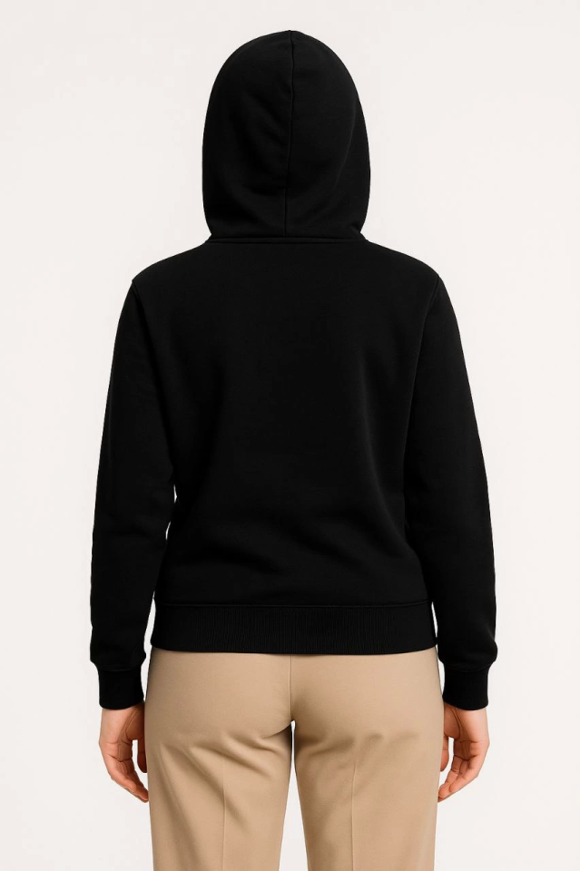 Üç İplik Kapüşonlu Tam Fermuarlı Kanguru Çepli SweatShirt Hoodie - Siyah