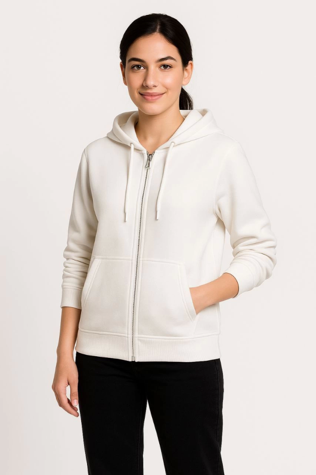 Üç İplik Kapüşonlu Tam Fermuarlı Kanguru Çepli SweatShirt Hoodie - Beyaz