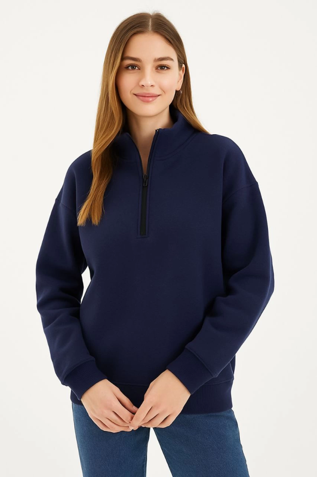 Üç İplik Dık Yaka Yarım Fermuarlı SweatShirt - Lacivert