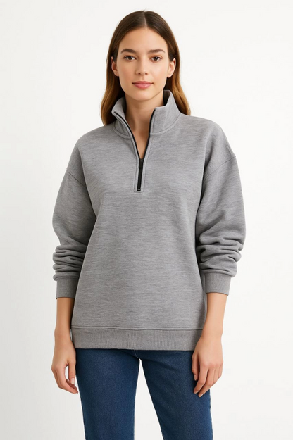Üç İplik Dık Yaka Yarım Fermuarlı SweatShirt - Gri