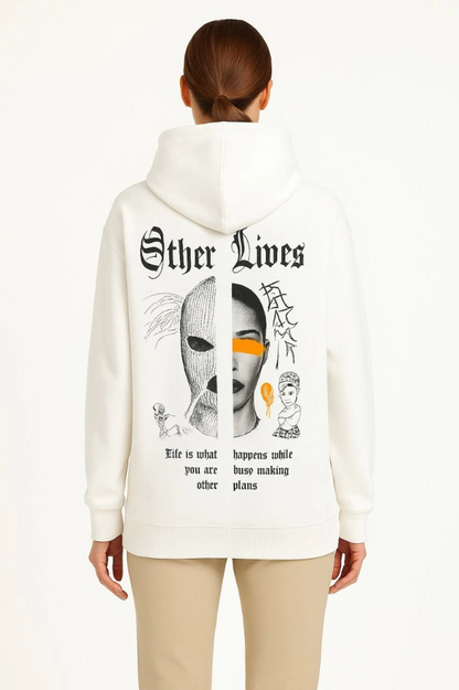 Oversize Üç İplik Şardonlu Kapüşonlu Sweatshirt - Beyaz 'Other Lives' Ön Ve Arka Baskılı, Kanguru Cepli, Ribanalı Rahat Kışlık Model Beyaz