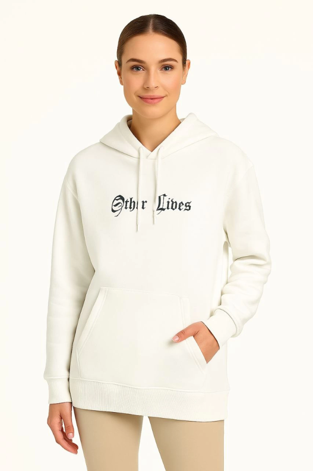 Oversize Üç İplik Şardonlu Kapüşonlu Sweatshirt - Beyaz 'Other Lives' Ön Ve Arka Baskılı, Kanguru Cepli, Ribanalı Rahat Kışlık Model Beyaz