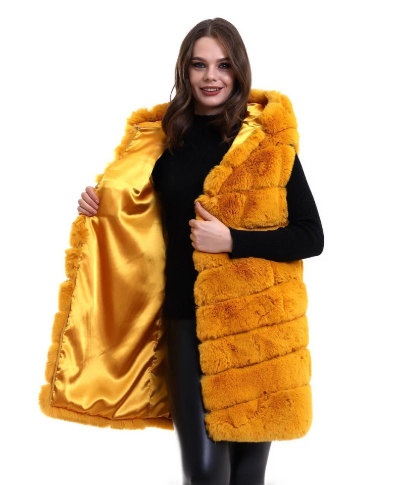 Kapşonlu Peluş Kürk Yelek Premium Kalite, Tam Astarlı, Uzun Model - Sarı