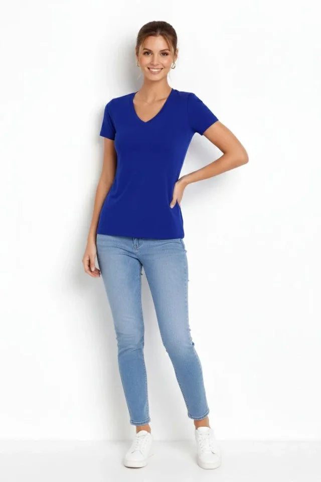 T-Shirt V Yaka Slim Fit Likralı Tişört Günlük Basic Body - İndigo