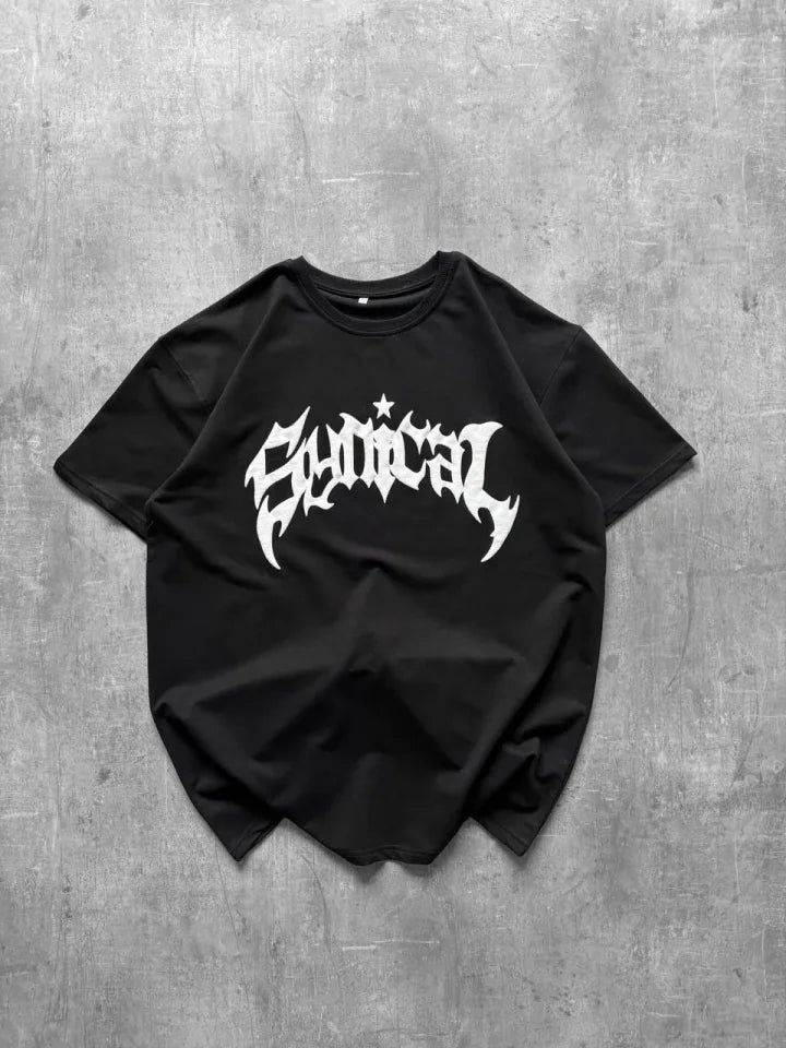 Bisiklet Yaka Ön Baskılı  Kısa Kollu Tişört Streetwear Günlük Basic Pamuklu T-shirt - Siyah