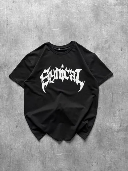 Bisiklet Yaka Ön Baskılı  Kısa Kollu Tişört Streetwear Günlük Basic Pamuklu T-shirt - Siyah