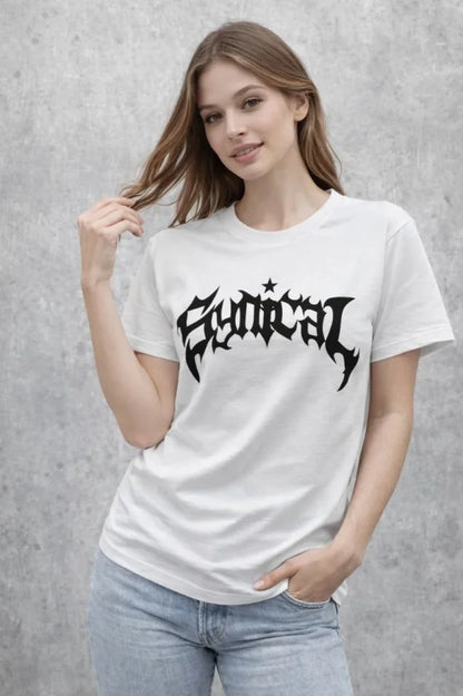 Bisiklet Yaka Ön Baskılı Kısa Kollu Tişört Streetwear Günlük Basic Pamuklu T-shirt - Beyaz