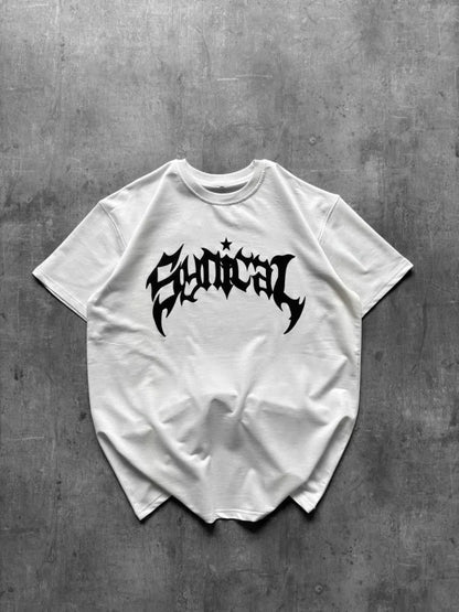 Bisiklet Yaka Ön Baskılı Kısa Kollu Tişört Streetwear Günlük Basic Pamuklu T-shirt - Beyaz