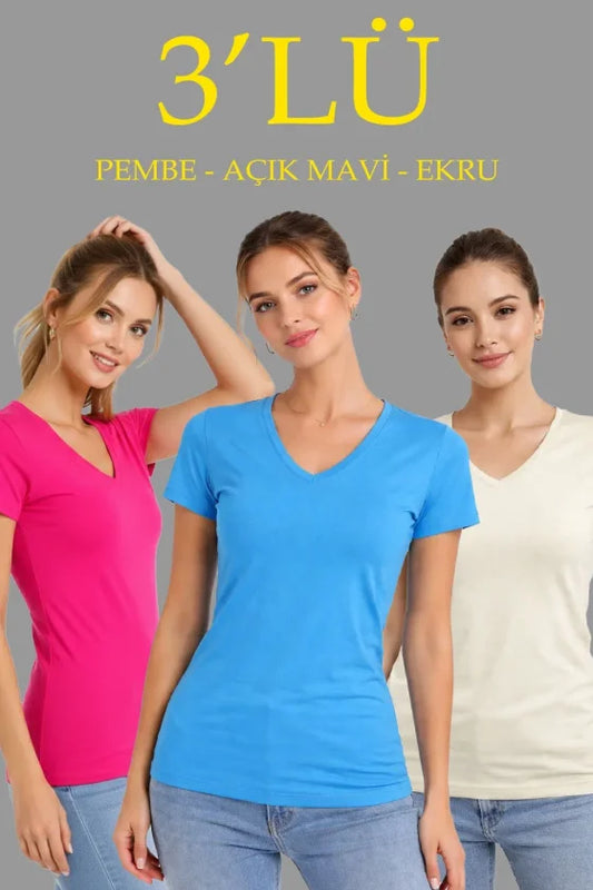 3lü V Yaka Tişört - Kısa Kollu Yazlık Slim Fit Body - Pembe, Açık Mavi, Ekru
