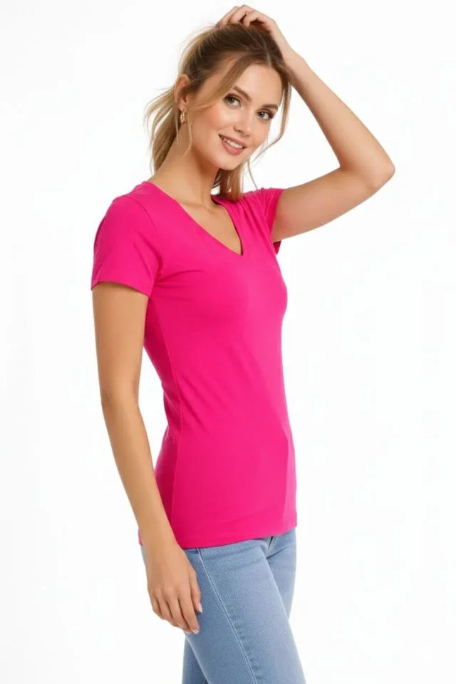 3lü V Yaka Tişört - Kısa Kollu Yazlık Slim Fit Body - Pembe, Açık Mavi, Ekru