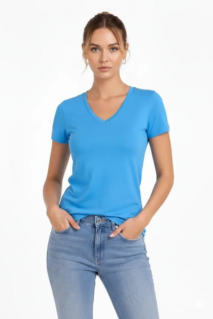 3lü V Yaka Tişört - Kısa Kollu Yazlık Slim Fit Body - Pembe, Açık Mavi, Ekru