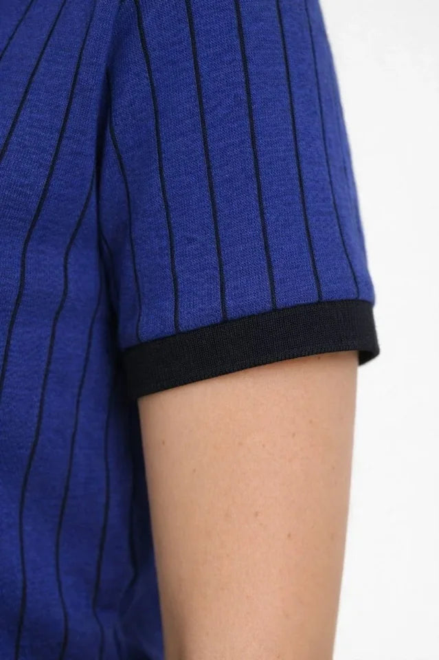 Polo Yaka Çizgili Tişört Kısa Kol Düğmeli Yazlık T-Shirt - Saks Mavisi