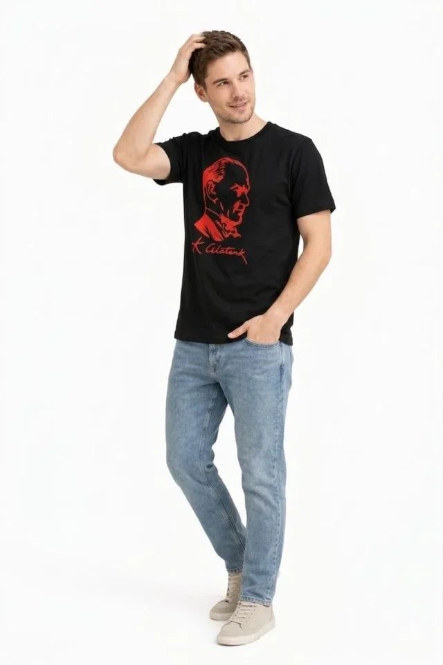 Erkek Atatürk Baskılı Tişört Kısa Kollu Bisiklet Yaka T-Shirt - Siyah