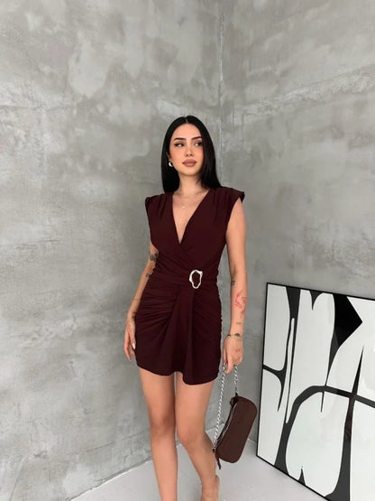 Kruvaze Drapeli Tokalı Mini Elbise Şık Gece Davet Abiye - Kahverengi
