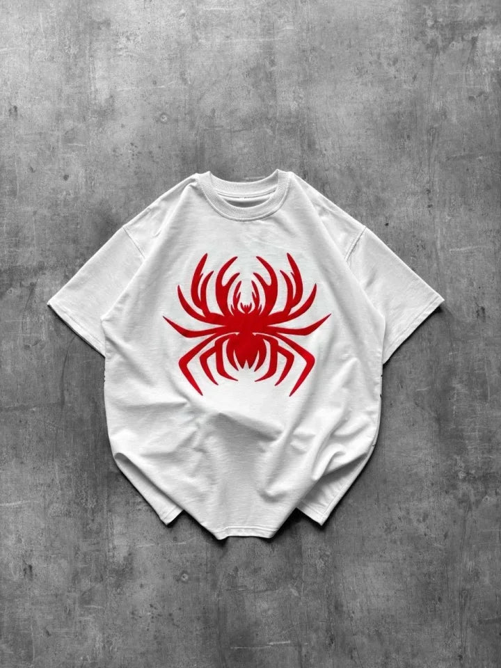 Örümcek Baskılı Tişört Kısa Kollu Bisiklet Yaka T-Shirt - Beyaz