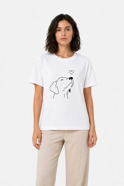 Köpek Figürlü Minimal Baskılı Tişört Kısa Kol Yazlık T-Shirt - Beyaz