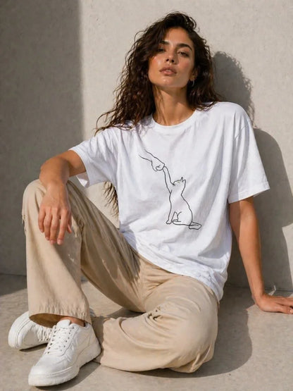 Minimal Kedi Çizim Baskılı Tişört Kısa Kol Yazlık T-Shirt - Beyaz