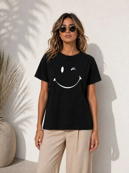Minimal Gülümseyen Yüz Baskılı Tişört Kısa Kol Yazlık T-Shirt - Siyah