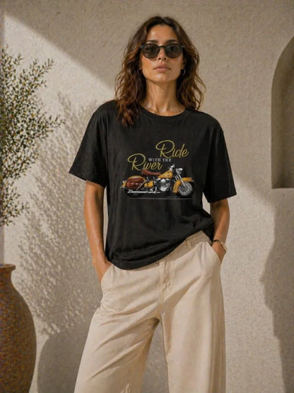 Motosiklet Baskılı Tişört Bisiklet Yaka Kısa Kol Yazlık T-Shirt - Siyah