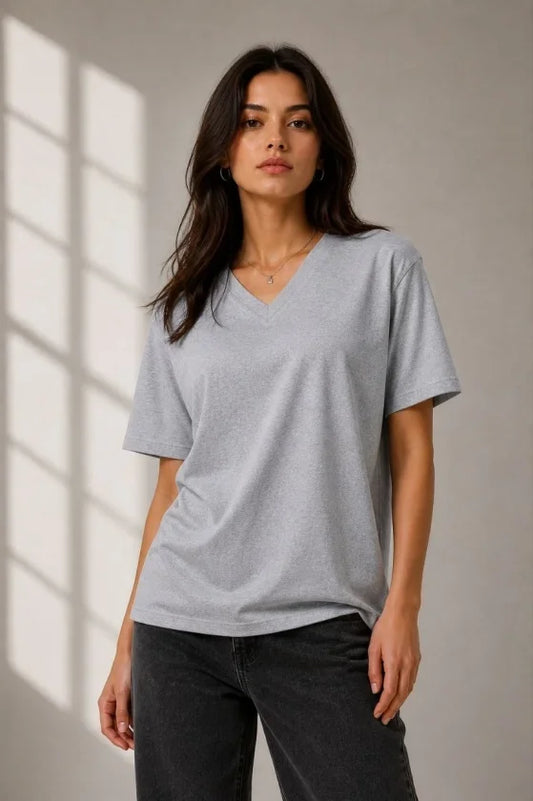V Yaka Basic Tişört Kısa Kol Yazlık Regular Fit T-Shirt - Gri