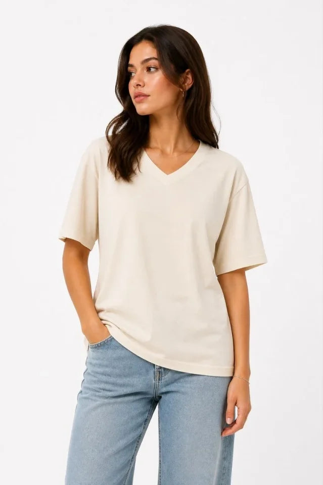 V Yaka Basic Tişört Kısa Kol Yazlık Regular Fit T-Shirt - Bej