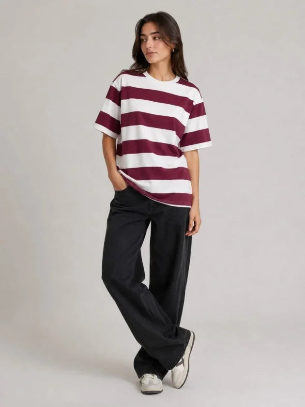 Çizgili Oversize Tişört Bisiklet Yaka Kısa Kol Yazlık T-Shirt - Bordo