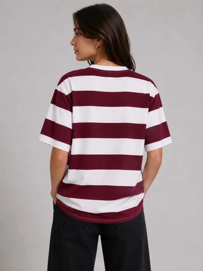 Çizgili Oversize Tişört Bisiklet Yaka Kısa Kol Yazlık T-Shirt - Bordo