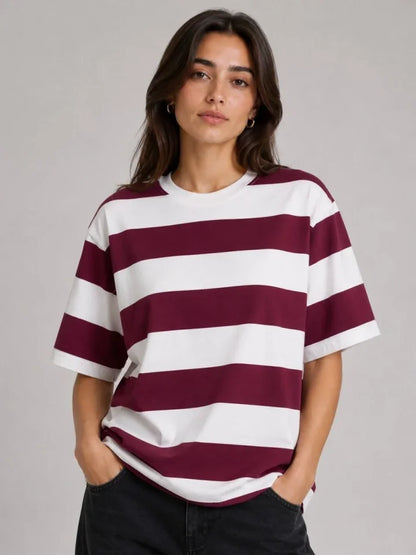 Çizgili Oversize Tişört Bisiklet Yaka Kısa Kol Yazlık T-Shirt - Bordo