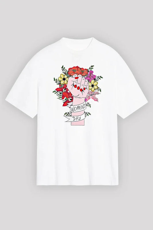 8 Mart Dünya Kadınlar Günü Baskılı Oversize Bisiklet Yaka T-shirt - Beyaz