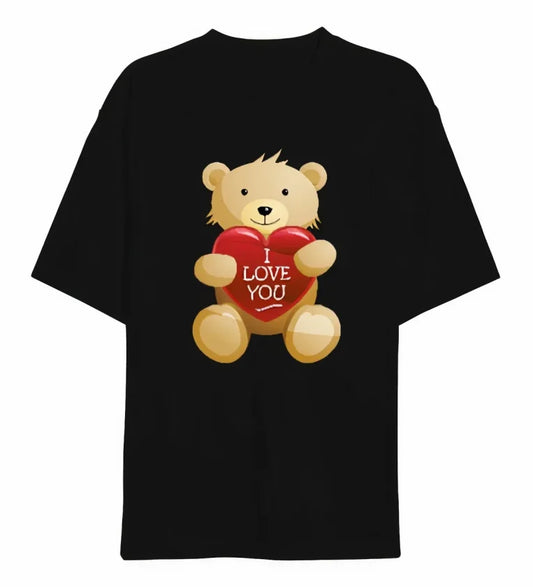 14 Şubat Sevgililer Günü I Love You Ayı Baskılı Oversize Bisiklet Yaka T-shirt - Siyah
