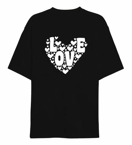 14 Şubat Sevgililer Günü Love Kalp Baskılı Oversize Bisiklet Yaka T-shirt - Siyah