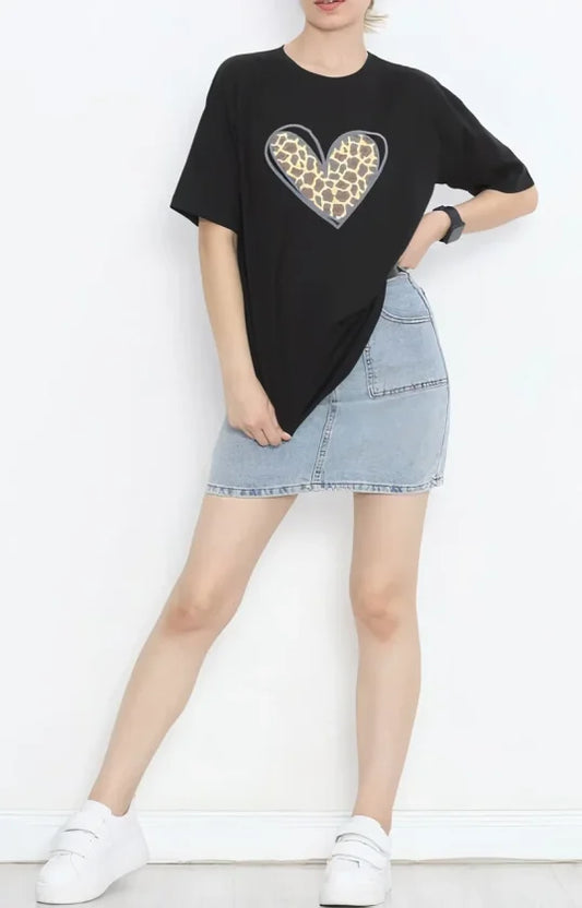 14 Şubat Sevgililer Günü Leopar Kalp Baskılı Oversize Bisiklet Yaka T-shirt - Siyah
