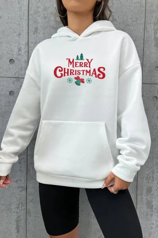 Yılbaşı Merry Christmas Baskılı Oversize Kapüşonlu Sweatshirt Hoodie - Beyaz