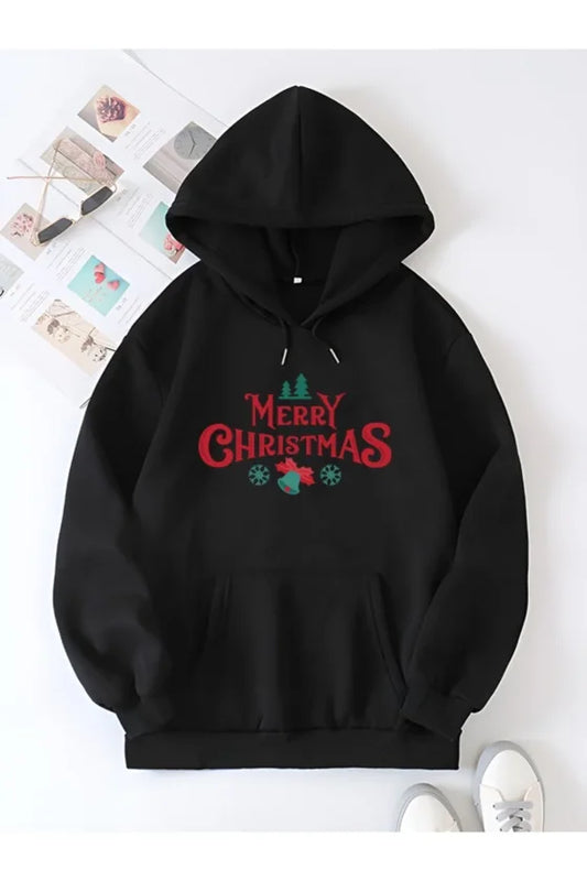 Yılbaşı Merry Christmas Baskılı Oversize Kapüşonlu Sweatshirt Hoodie - Siyah