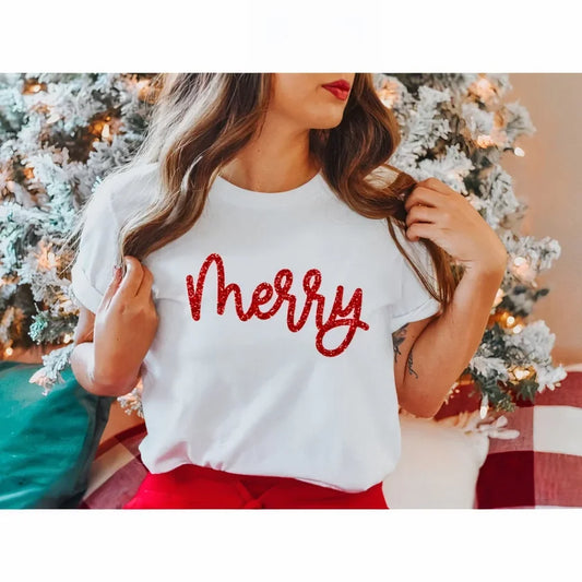 Yılbaşı Merry Christmas Baskılı Kısa Kollu Oversize Bisiklet Yaka T-shirt - Beyaz